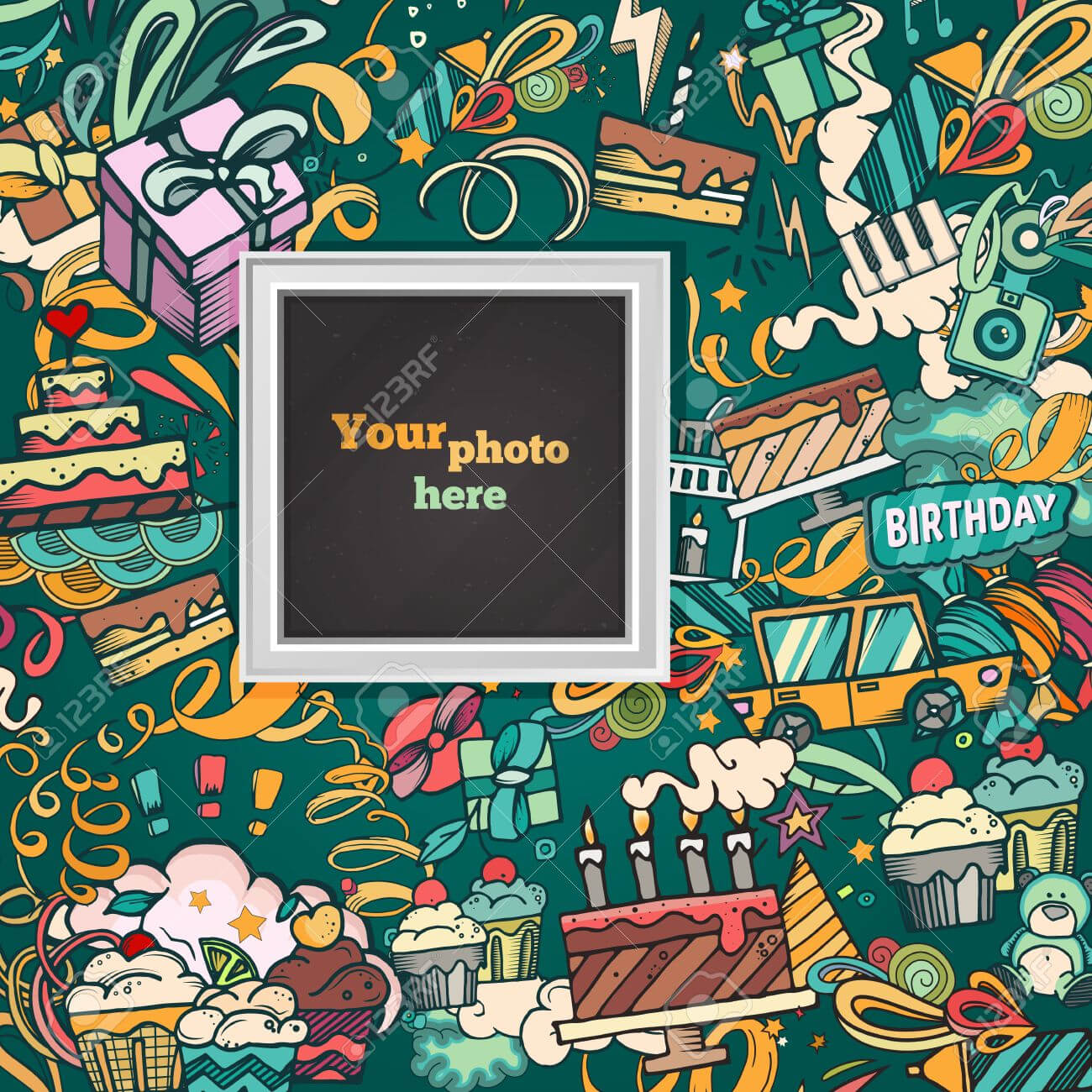 Birthday Background. Collage Photo Frame Card. Album Template.. Within Birthday Card Collage Template