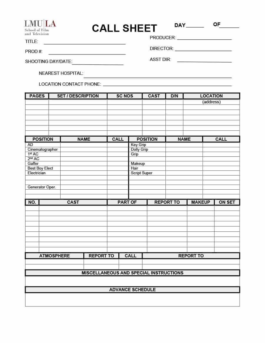 Blank Call Sheet Template - Zohre.horizonconsulting.co Intended For Film Call Sheet Template Word