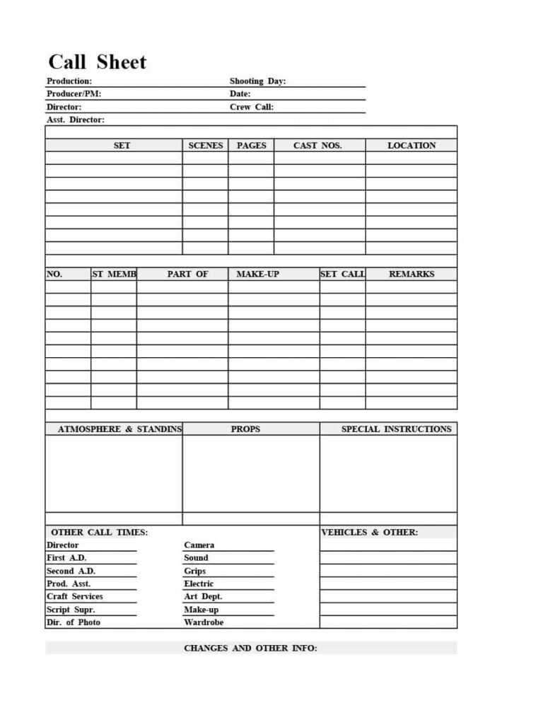 Film Call Sheet Template Word Professional Template