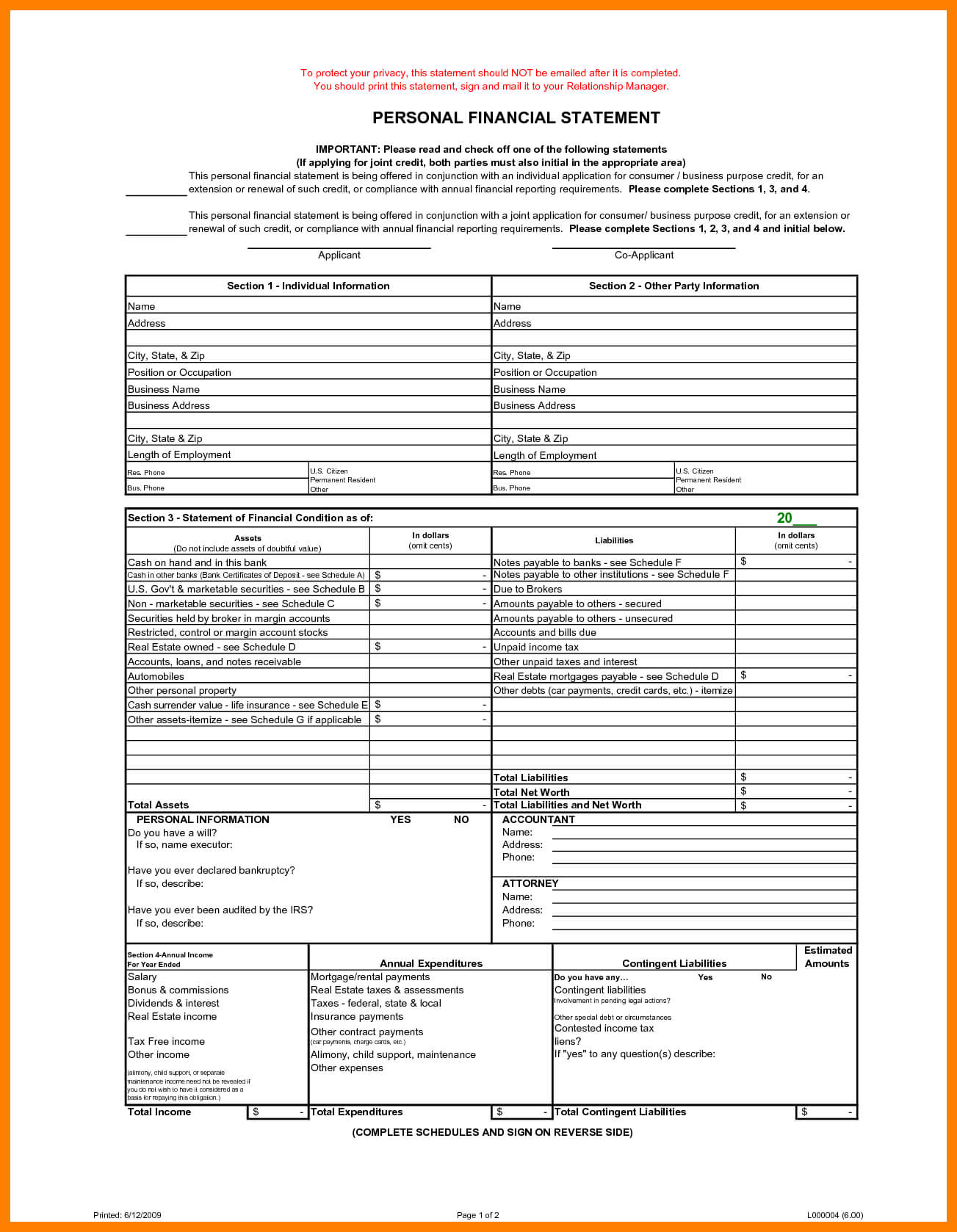 Blank Personal Financial Statement Pertaining To Blank Personal Financial Statement Template