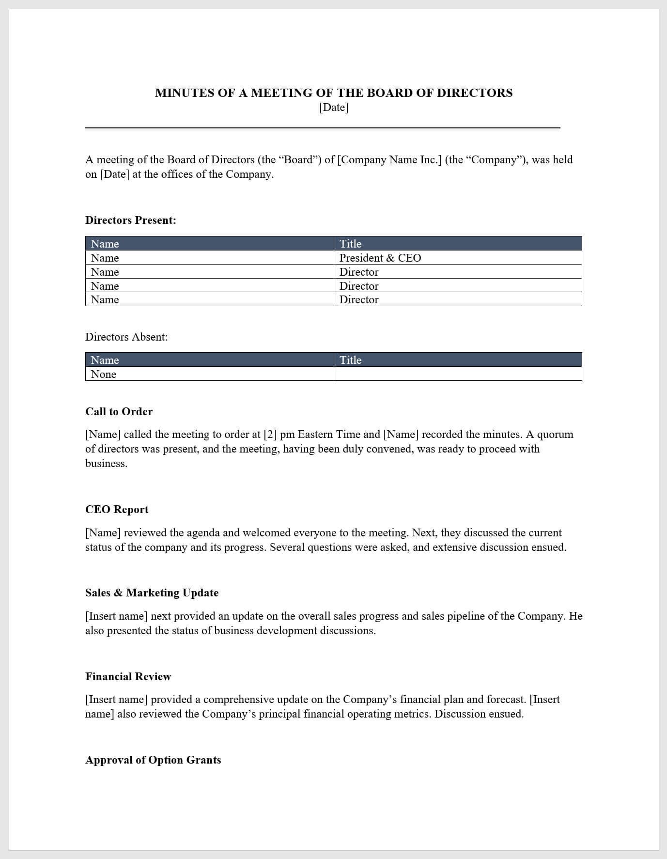 Board Meeting Minutes Template – Download From Cfi Marketplace Within Ceo Report To Board Of Directors Template