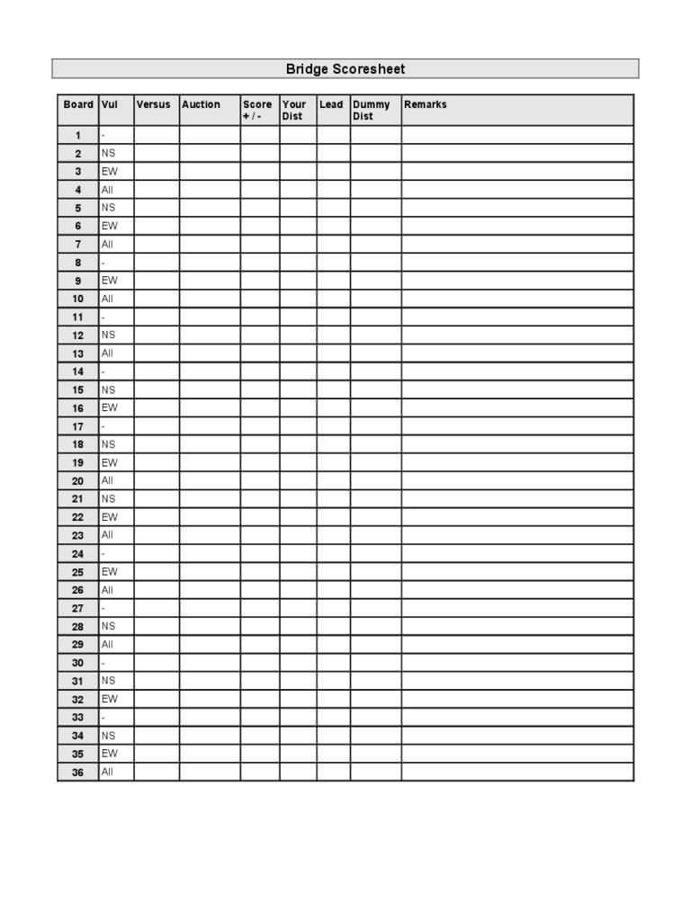 Bridge Score Sheet - 6 Free Templates In Pdf, Word, Excel In Bridge Score Card Template