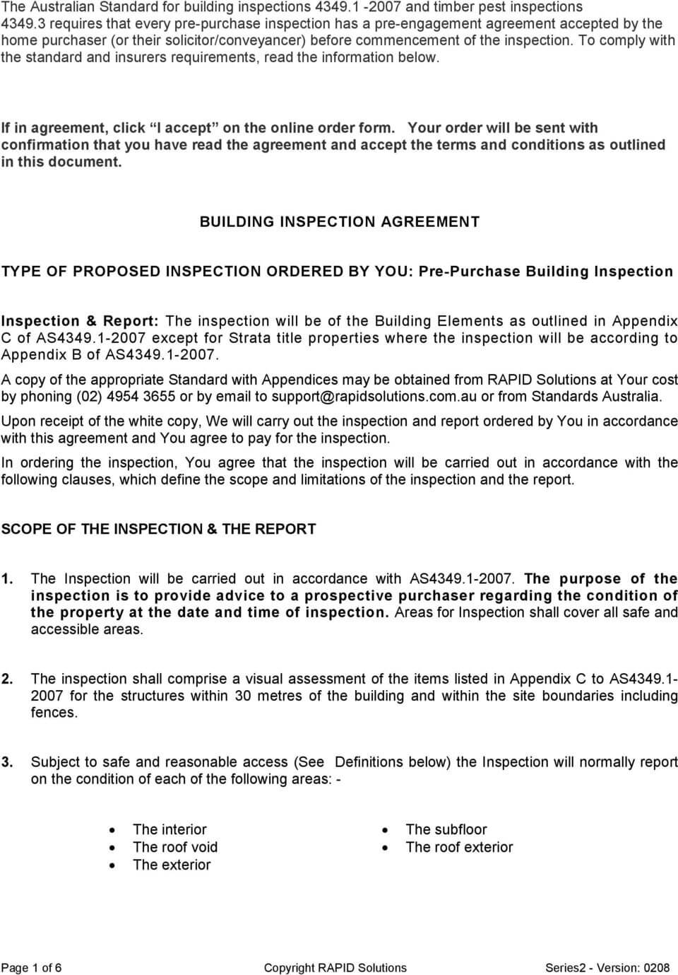 Building Inspection Agreement. Type Of Proposed Inspection Throughout Pre Purchase Building Inspection Report Template