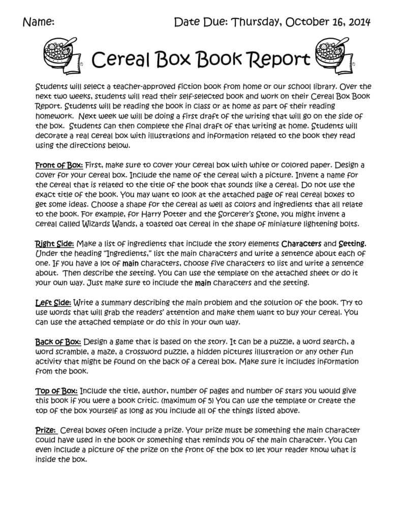 Cereal Box Book Report Template Professional Template