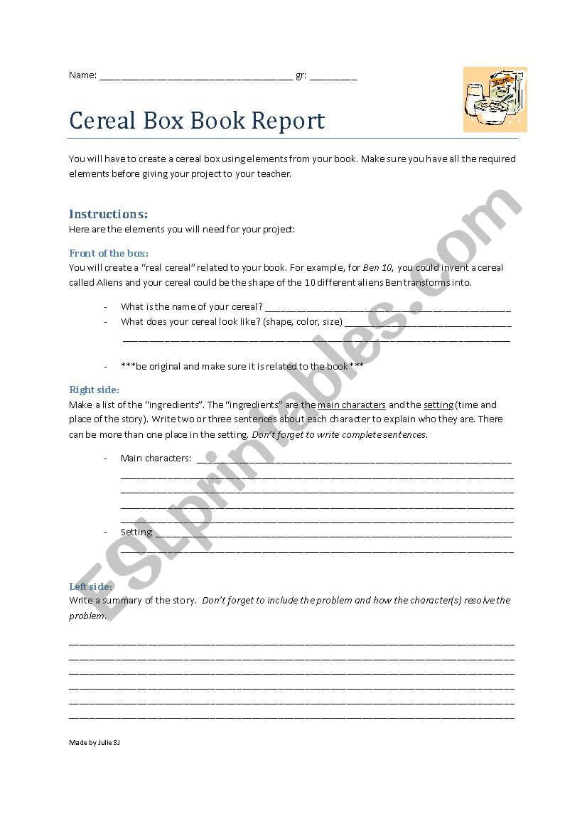 Cereal Box Book Report Project – Esl Worksheetcurlyju Within Cereal Box Book Report Template