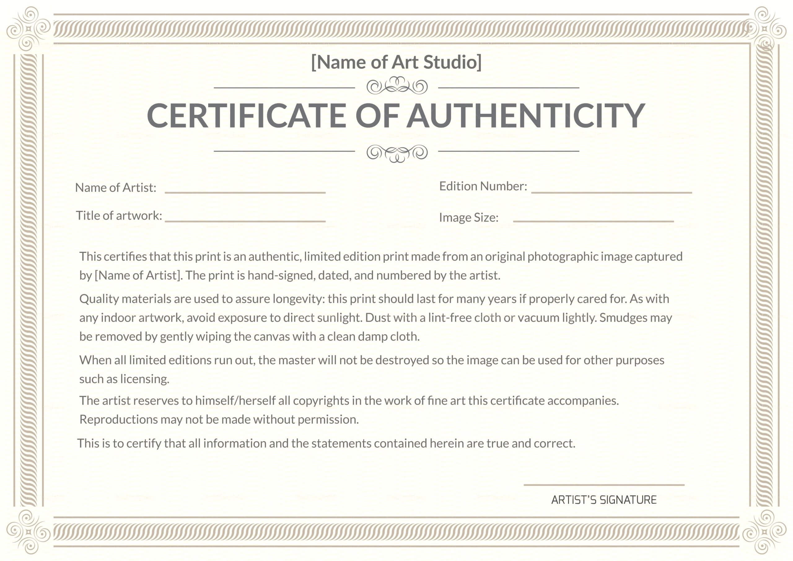 Certificate Of Authenticity Template Autograph Templates With Regard To Certificate Of Authenticity Photography Template