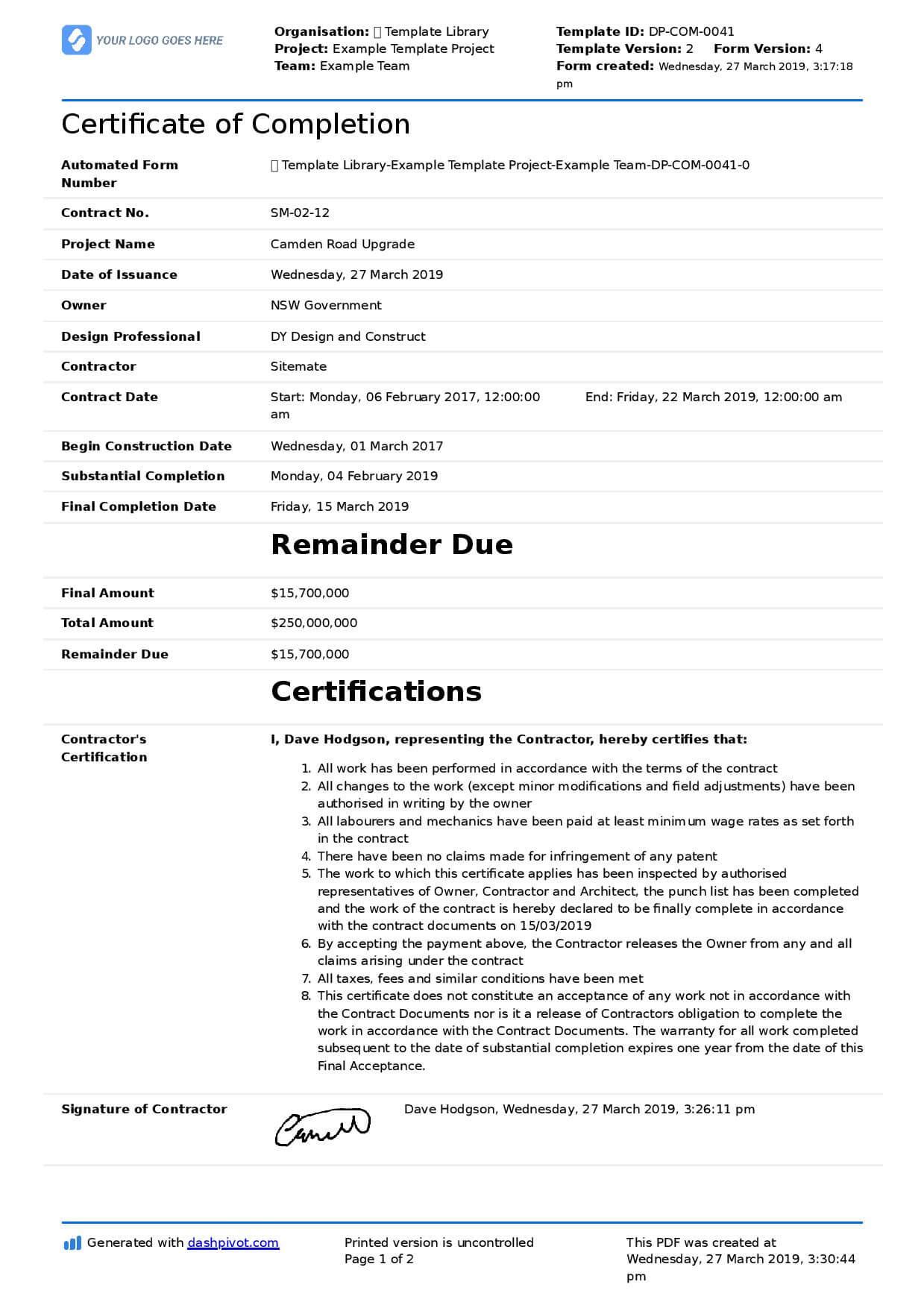 Certificate Of Completion For Construction (Free Template + Within Construction Certificate Of Completion Template