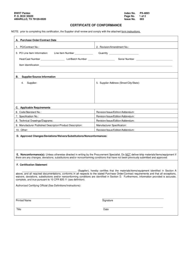 Certificate Of Conformance Template – Fill Online, Printable With Regard To Certificate Of Compliance Template
