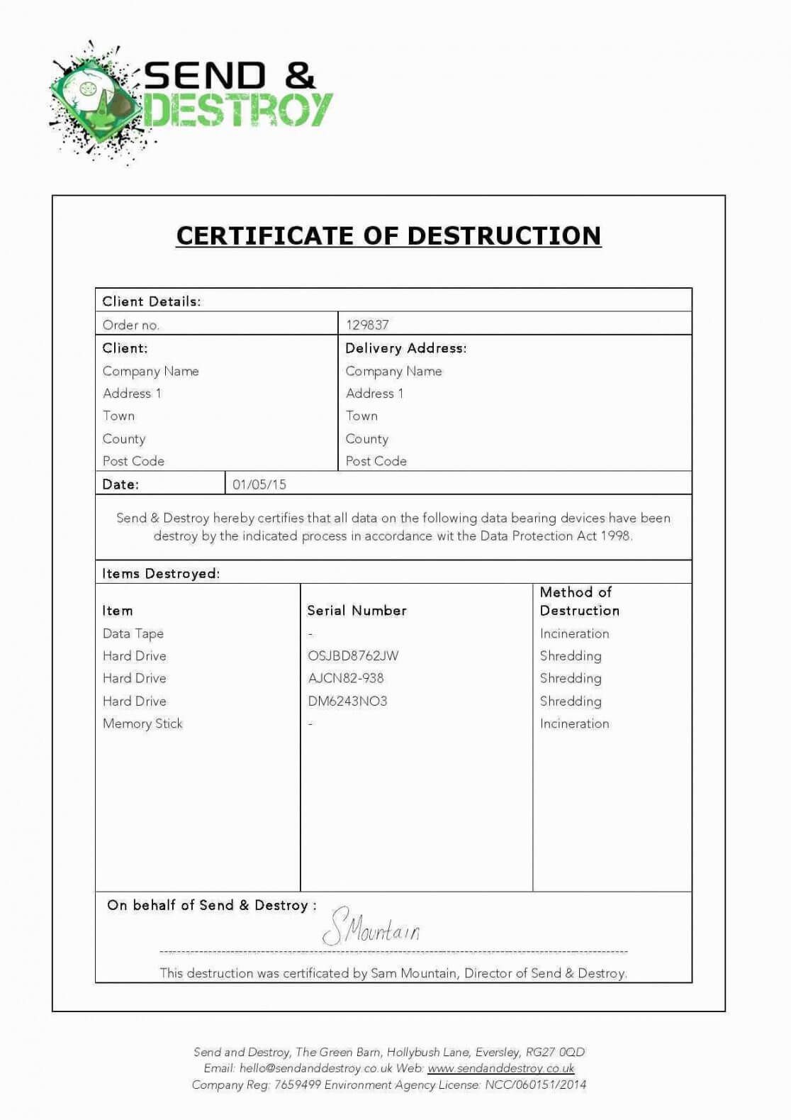 Certificate Of Destruction Template Word Regarding Destruction Certificate Template