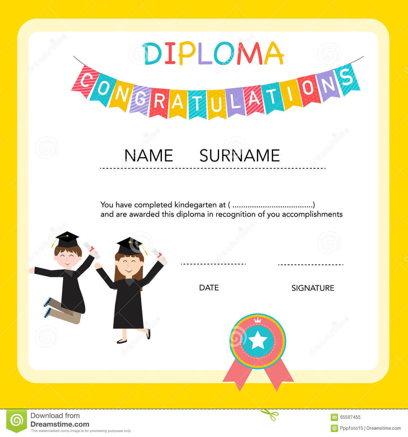 Certificate Of Kids Diploma, Preschool,kindergarten Template In Preschool Graduation Certificate Template Free