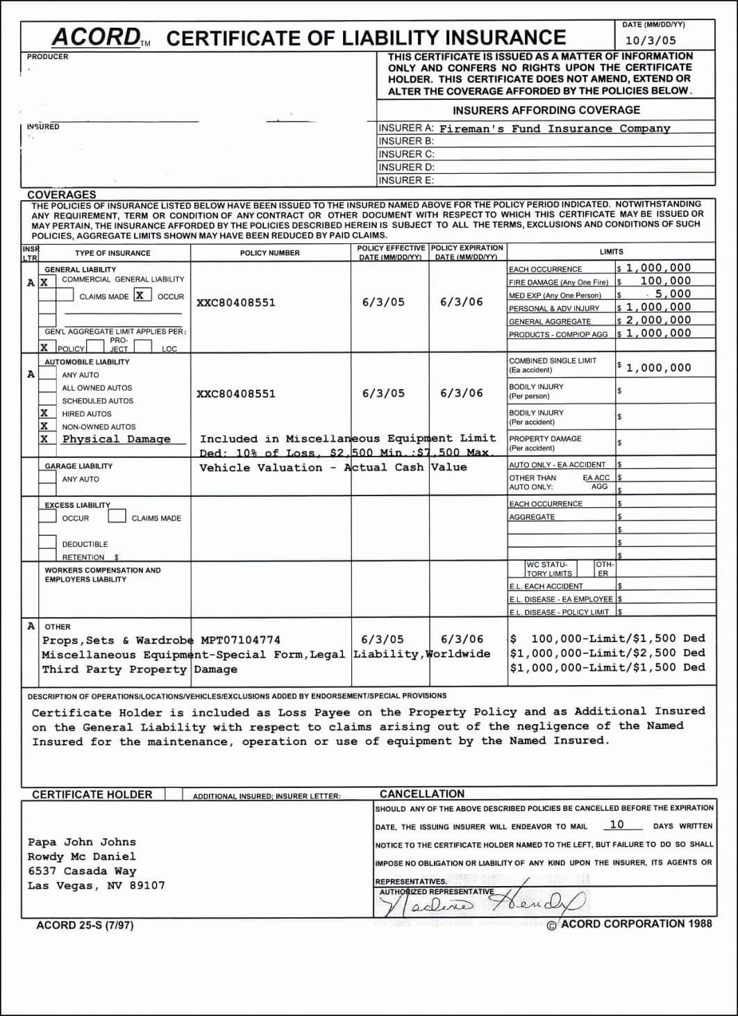 Certificate Of Liability Insurance Form 2019 Acord Acord Within Acord Insurance Certificate Template