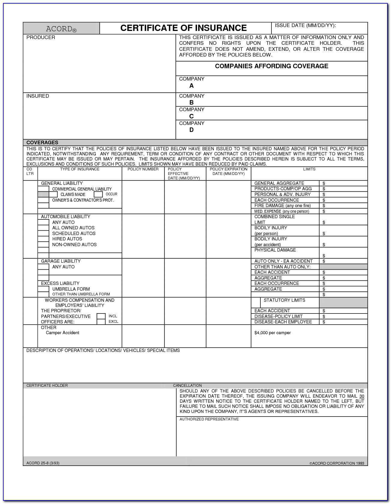 Certificate Of Liability Insurance Form Acord 25 – Form With Regard To Acord Insurance Certificate Template