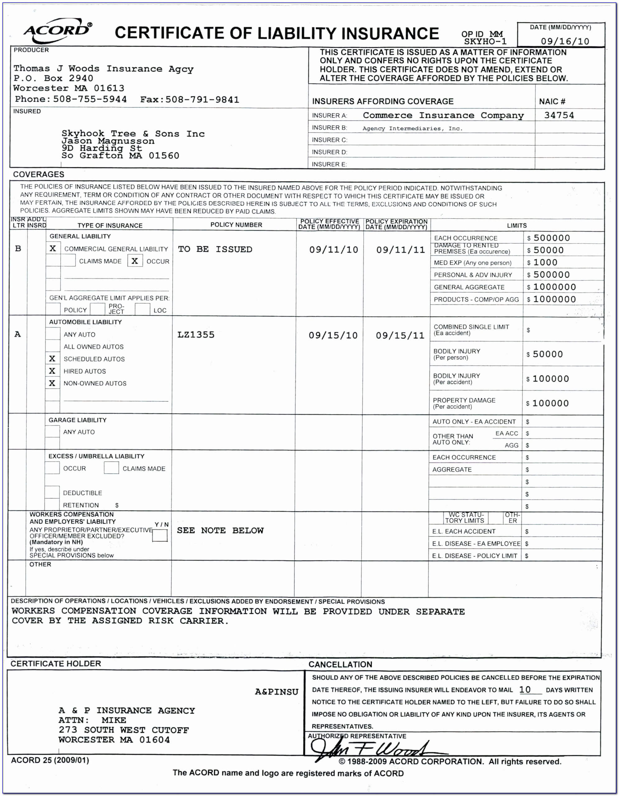 Certificate Of Liability Insurance Form Fillable Throughout Certificate Of Insurance Template