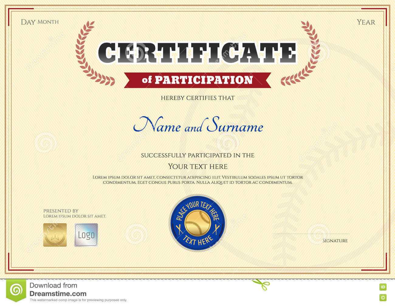 Certificate Of Participation Template In Baseball Sport Intended For Sports Day Certificate Templates Free