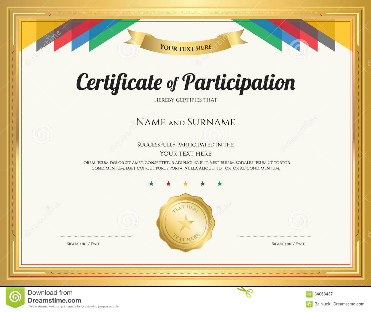Certificate Of Participation Template With Gold Border Stock Regarding Sample Certificate Of Participation Template