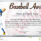 Certificate Template For Baseball Award With Baseball Player For Softball Certificate Templates