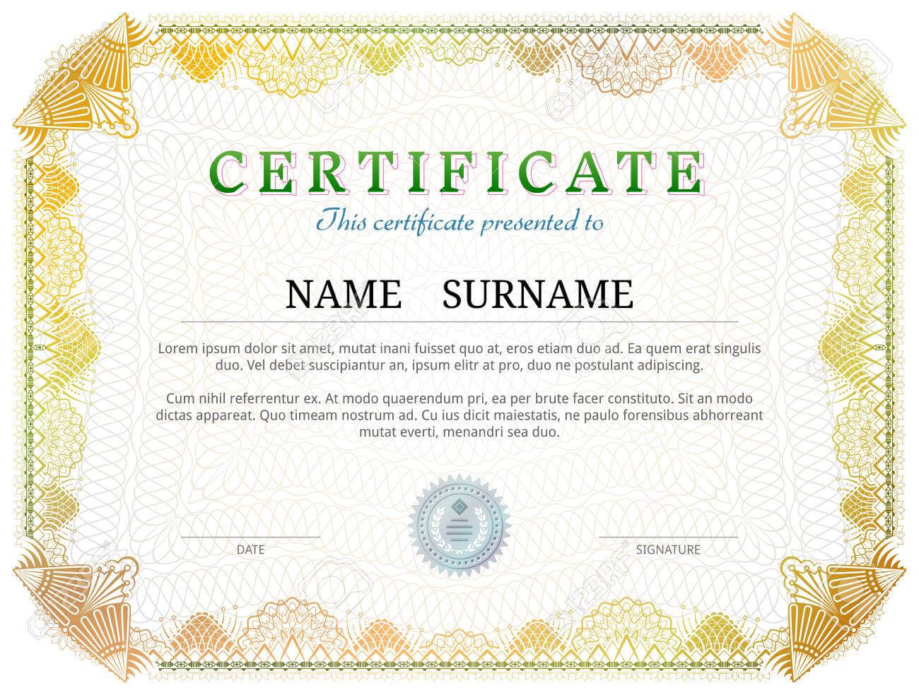 Certificate Template With Guilloche Elements. Yellow Diploma.. For Validation Certificate Template