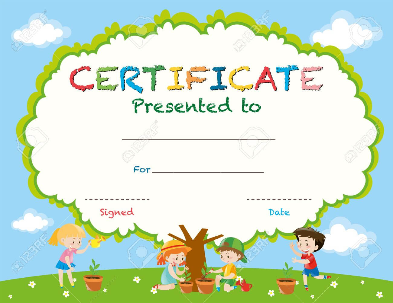 Certificate Template With Kids Planting Trees Illustration Pertaining To Free Kids Certificate Templates