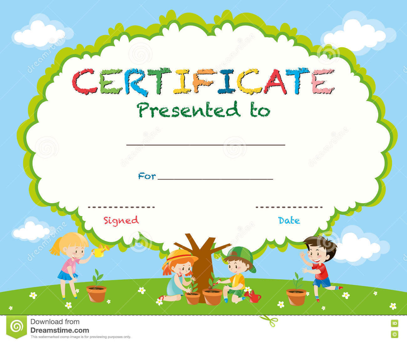 Certificate Template With Kids Planting Trees Stock Vector Throughout Free Kids Certificate Templates