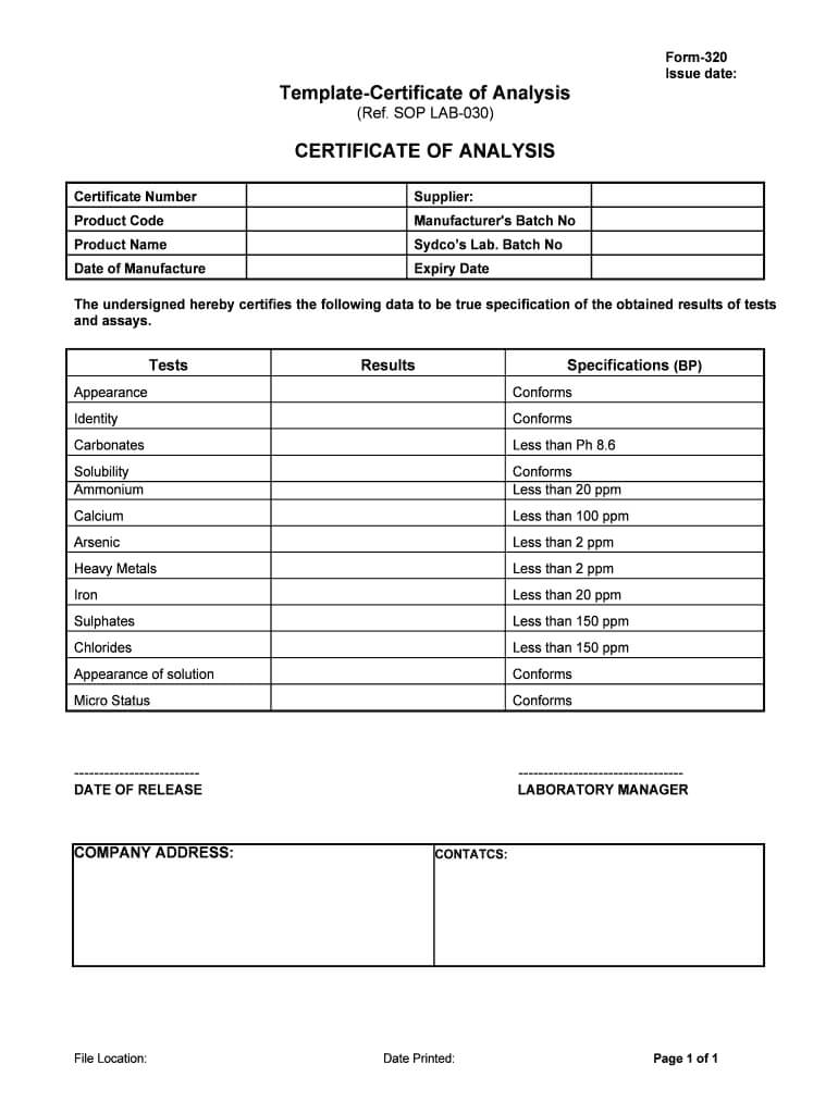 Certification Of Analysis Template – Fill Online, Printable With Regard To Certificate Of Analysis Template