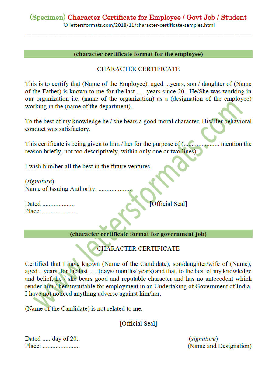 Character Certificate For Employee / Govt Job / Student (Sample) Inside Good Conduct Certificate Template