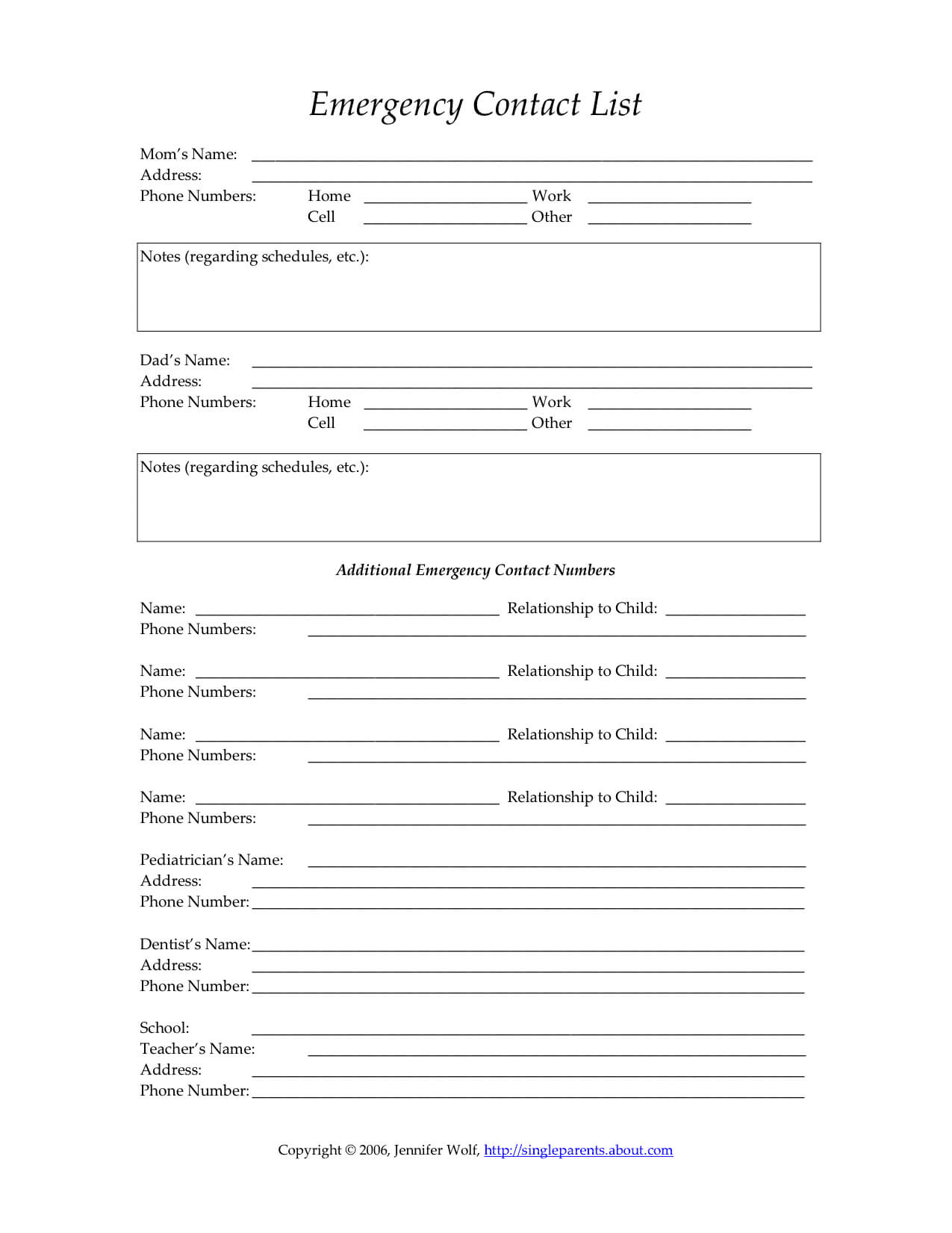 Child's Emergency Contact Form | Single Parent Families With Regard To Emergency Contact Card Template