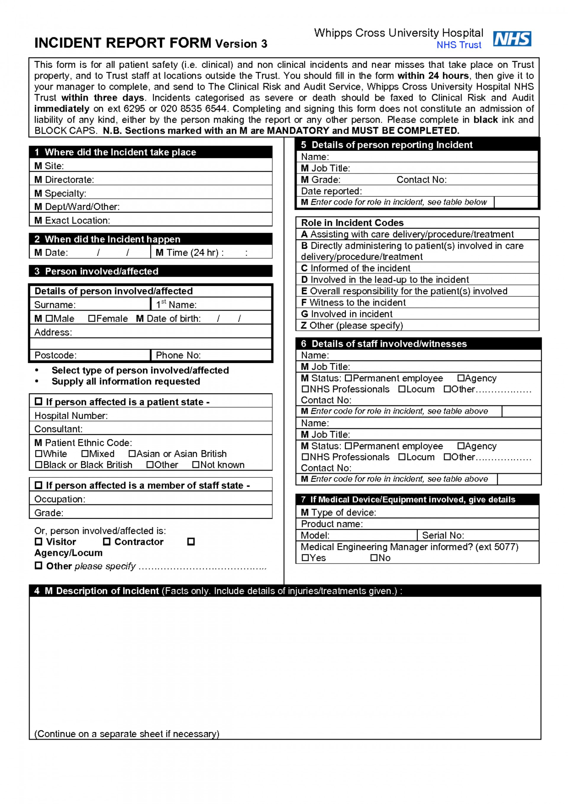 Clinical Incident Report Sample For Ohs Incident Report Template Free