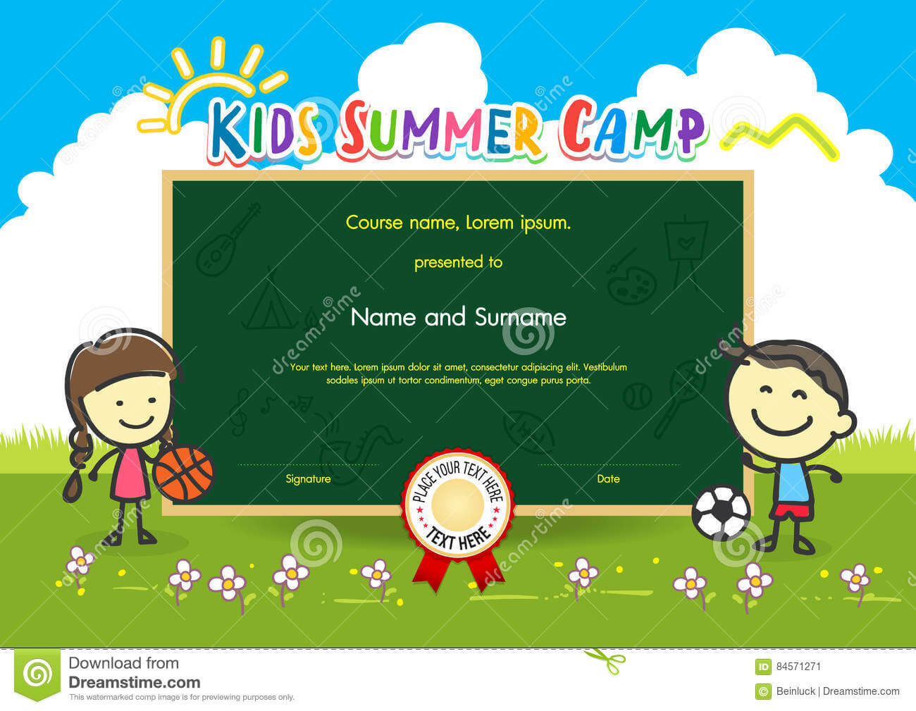 Colorful Kids Summer Camp Diploma Certificate Template In Pertaining To Basketball Camp Certificate Template