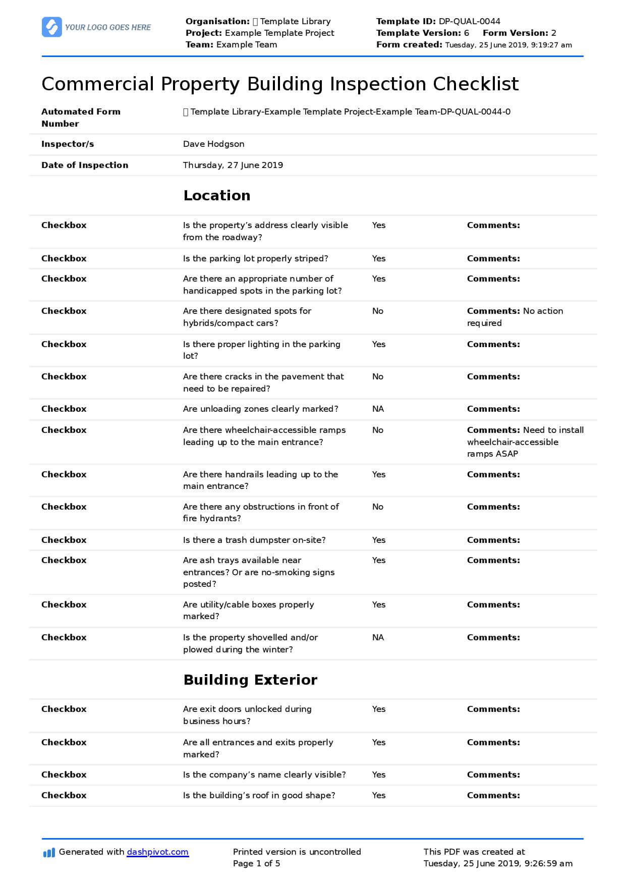 Commercial Property Inspection Checklist Template (Use It Throughout Property Management Inspection Report Template