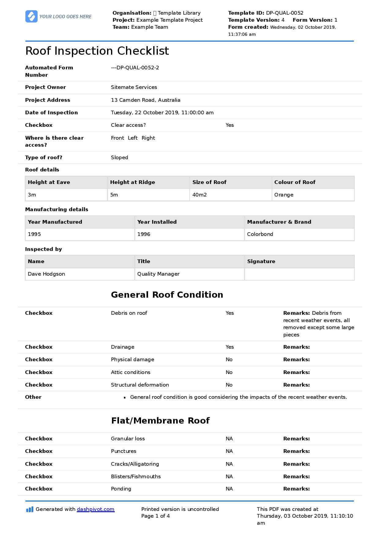 Commercial Roof Inspection Checklist And Report Template Inside Roof Inspection Report Template