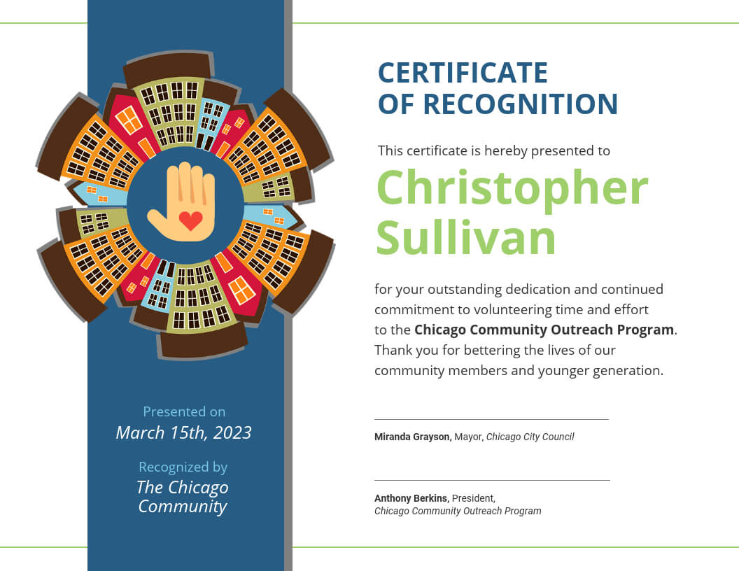 Community Volunteer Certificate Of Recognition Template Throughout Volunteer Award Certificate Template