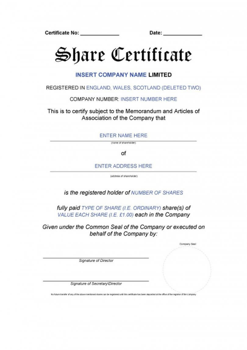 Company Stock Certificate Template Within Stock Certificate Template Word