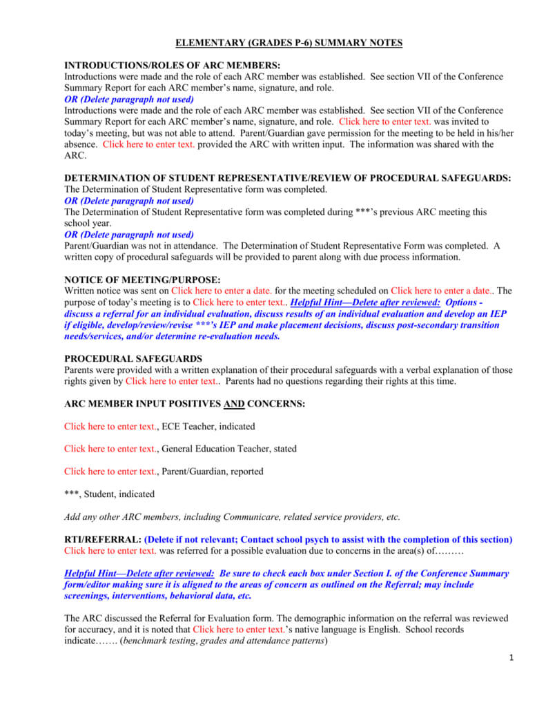Conference Summary Template P – 6Th Grades Intended For Conference Summary Report Template