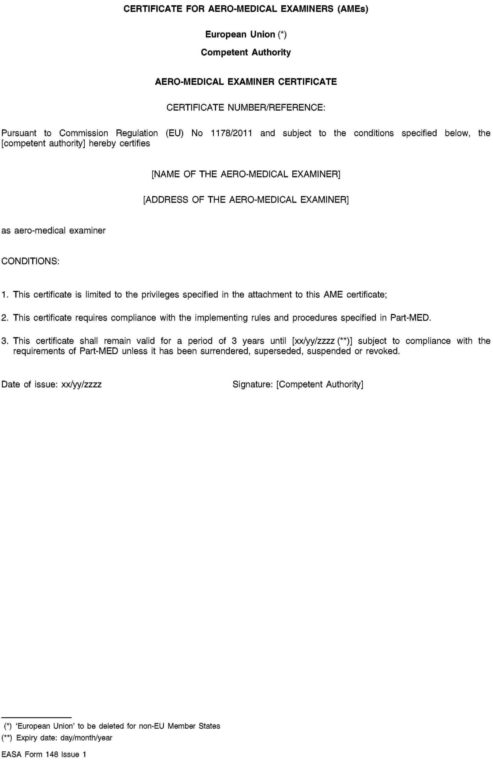 Consolidated Text: 32011R1178 — En — 03.04.2014 Regarding Fit To Fly Certificate Template