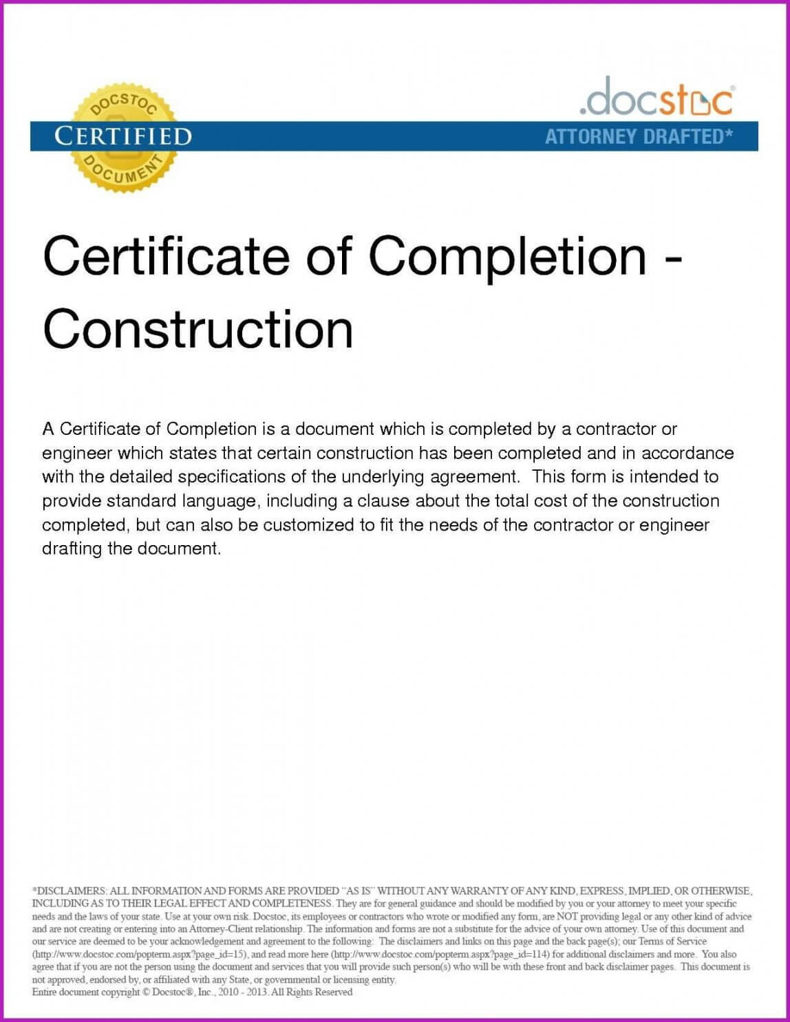 Construction Completion Certificate Template Within Certificate Of Completion Construction Templates