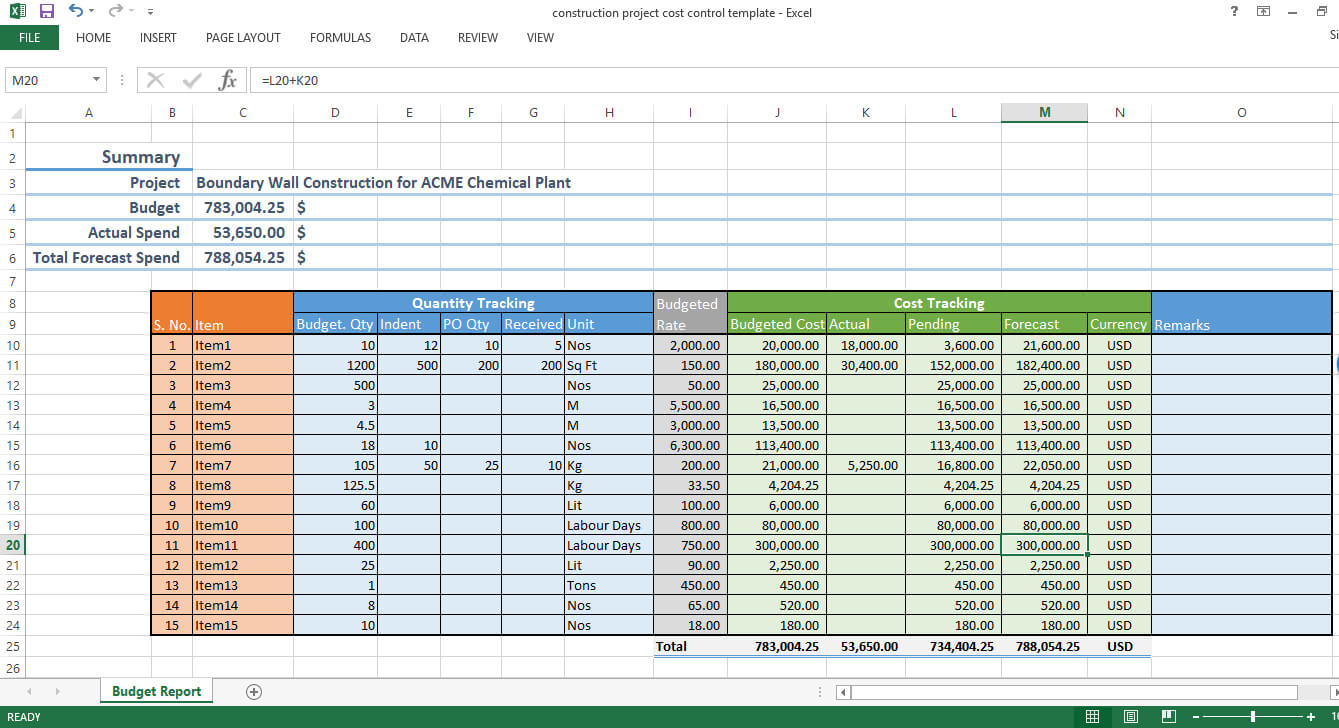 Construction Project Cost Control – Excel Template – Workpack In Job Cost Report Template Excel