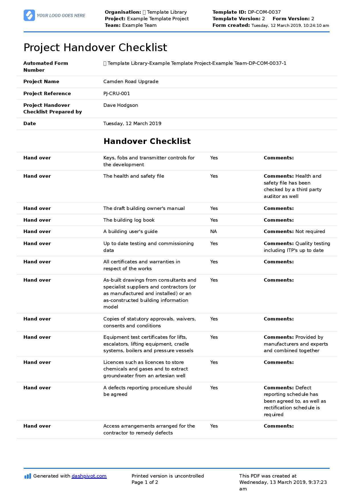 Construction Project Handover Document Sample To Use Or Copy Inside Handover Certificate Template