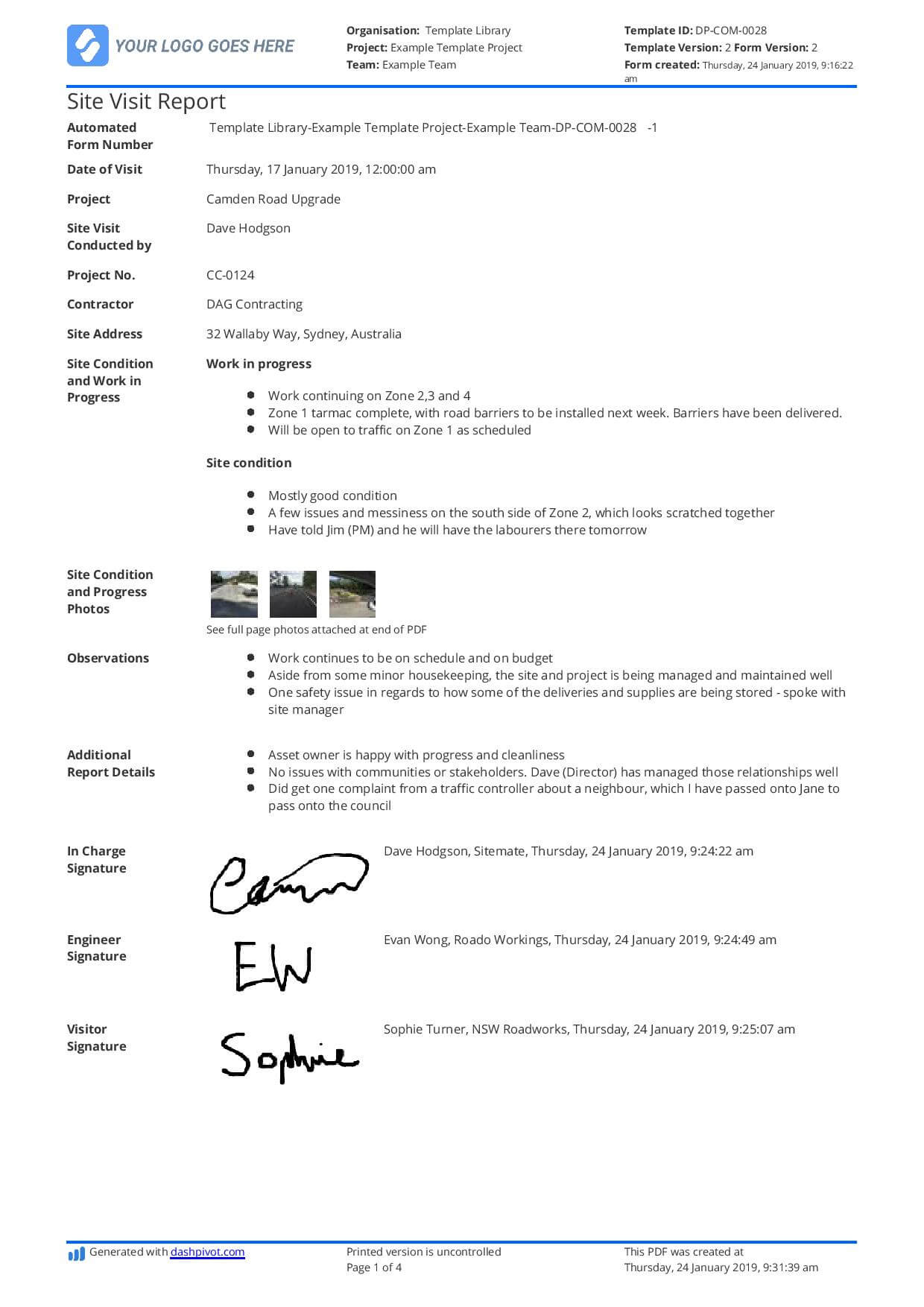 Construction Site Visit Report Template And Sample [Free To Use] Throughout Site Progress Report Template