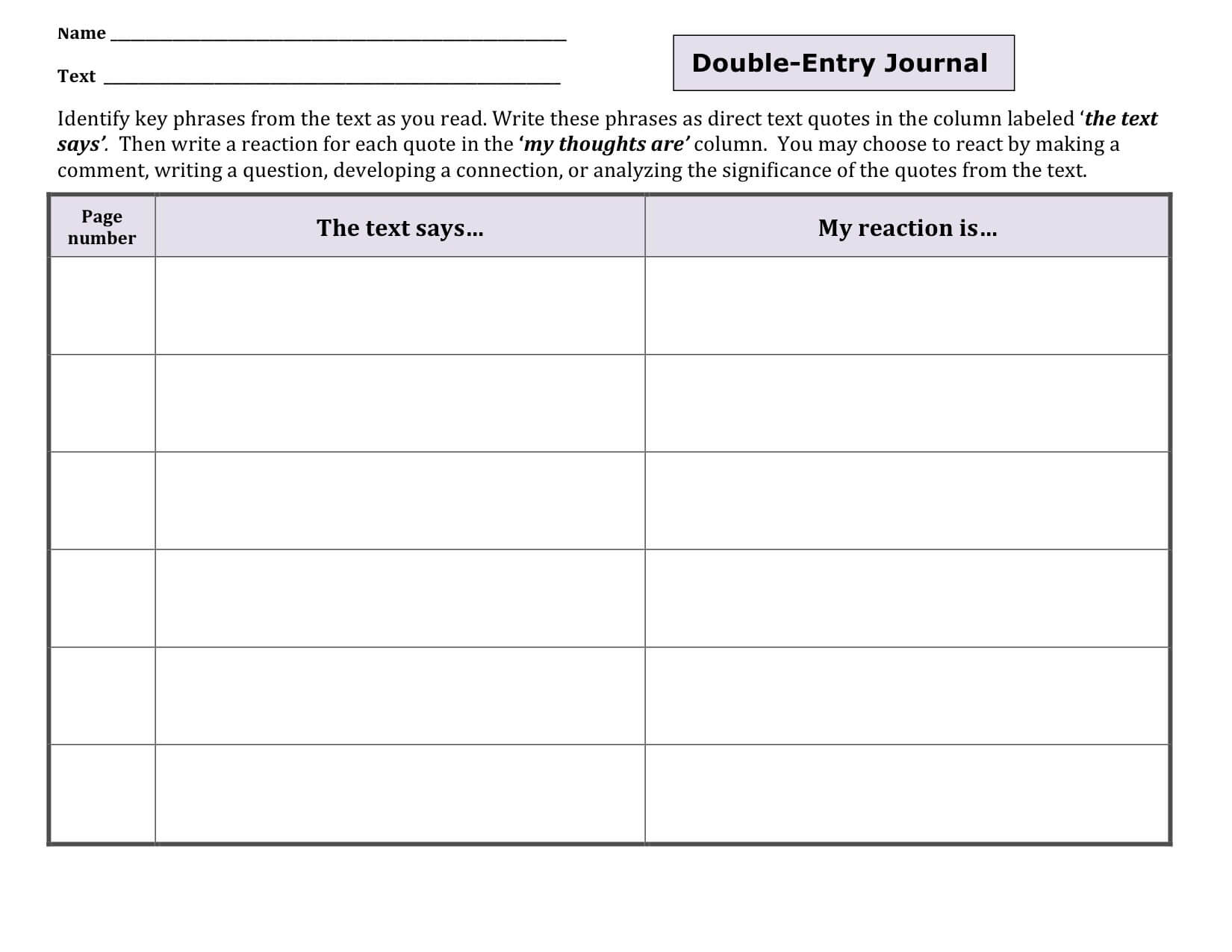Content Specific Literacy: Focusing On Comprehension Intended For Double Entry Journal Template For Word