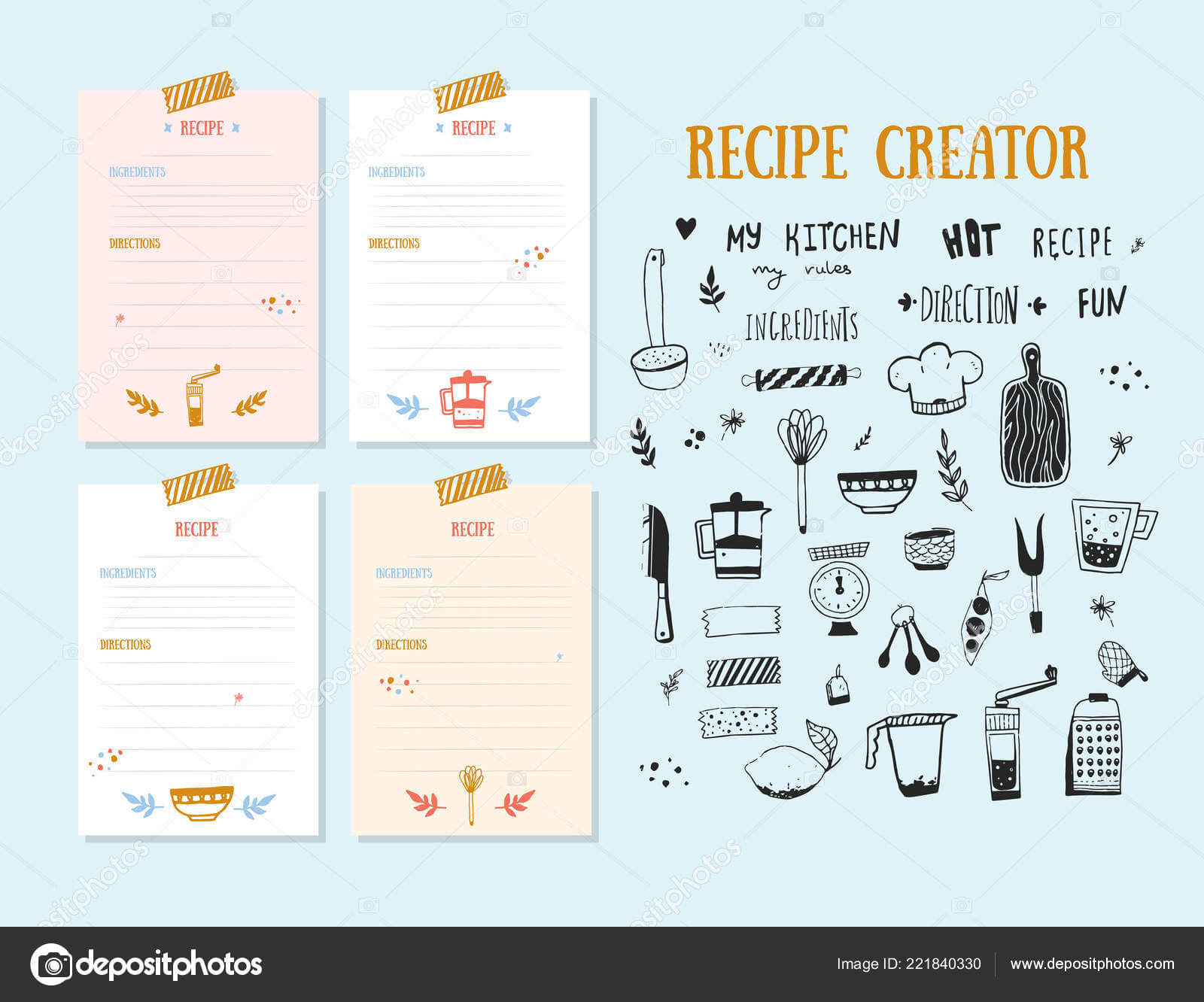 Cookbook Design Template | Modern Recipe Card Template Set With Recipe Card Design Template