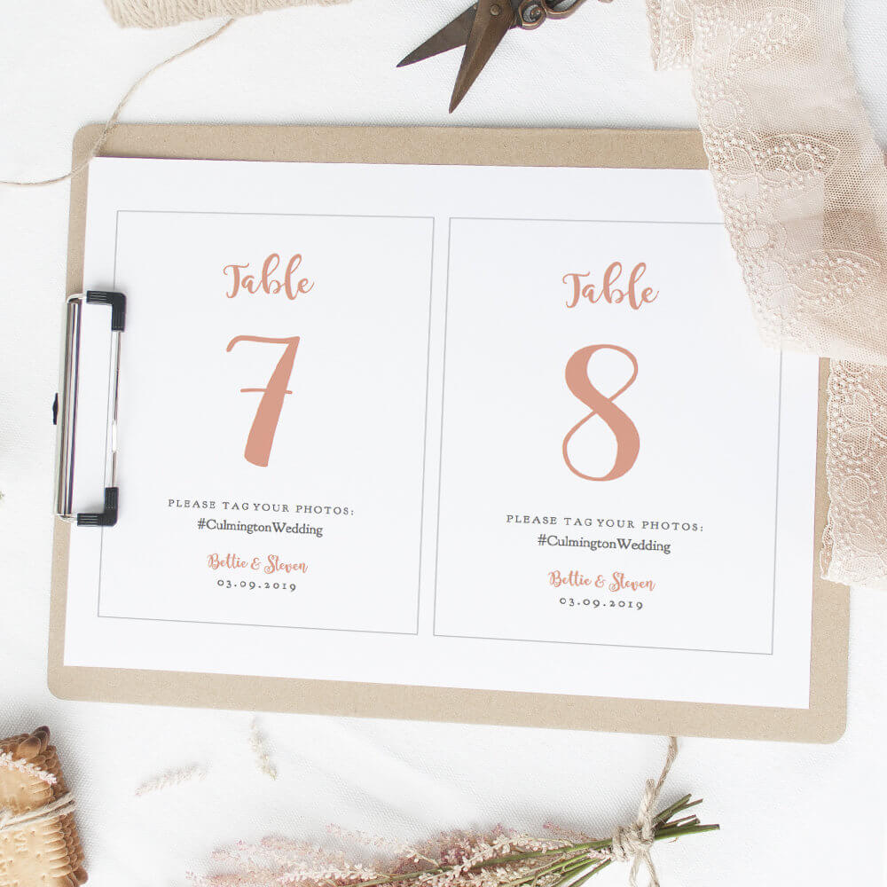 Coral Table Number Cards With Photo Hashtag, Diy Table With Table Number Cards Template