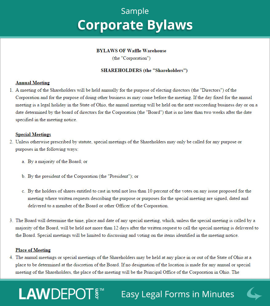 Corporate Bylaws Template (Us) | Lawdepot Throughout Corporate Bylaws Template Word
