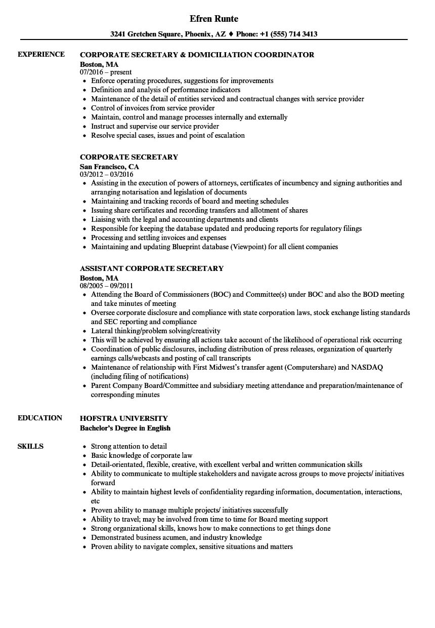 Corporate Secretary Resume Samples | Velvet Jobs In Corporate Secretary Certificate Template