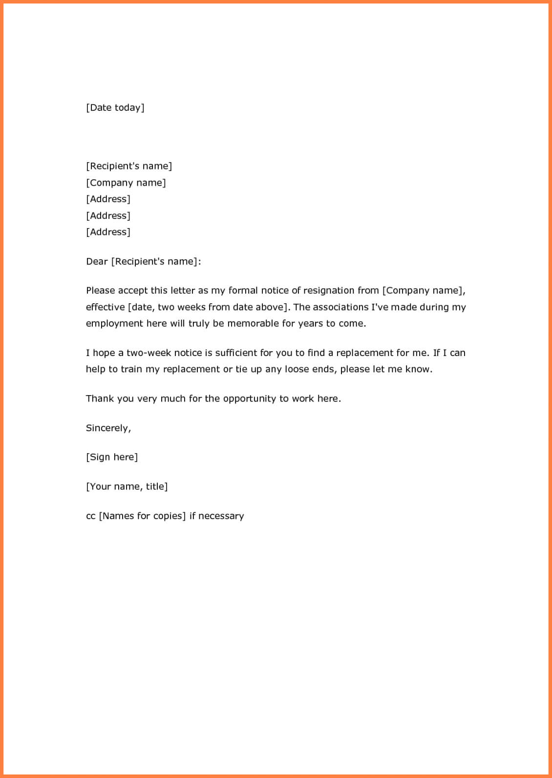 Costume Example Of Resignation Letter Two Weeks Notice 5 For Two Week Notice Template Word