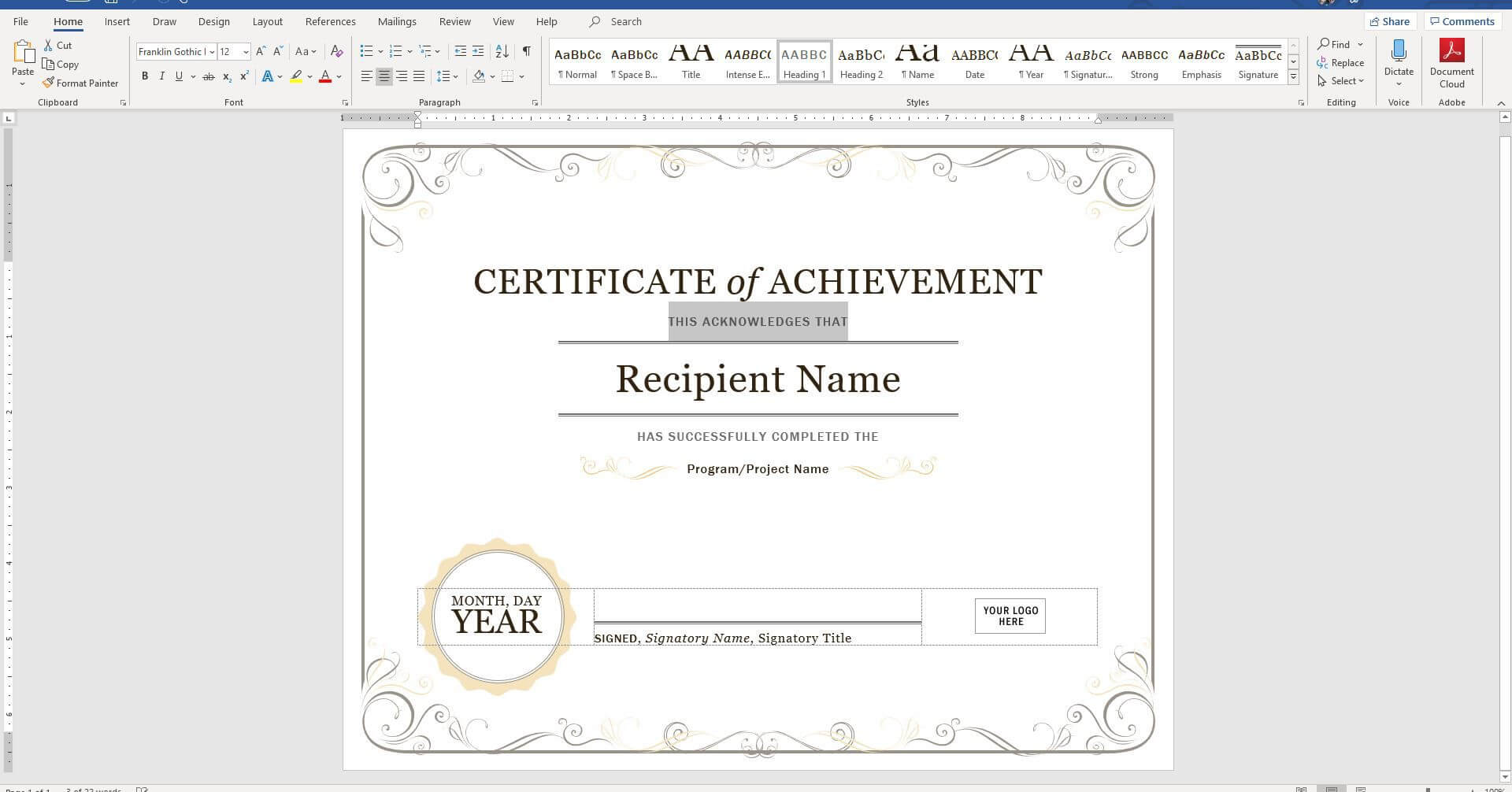 Create A Certificate Of Recognition In Microsoft Word Regarding Word Certificate Of Achievement Template