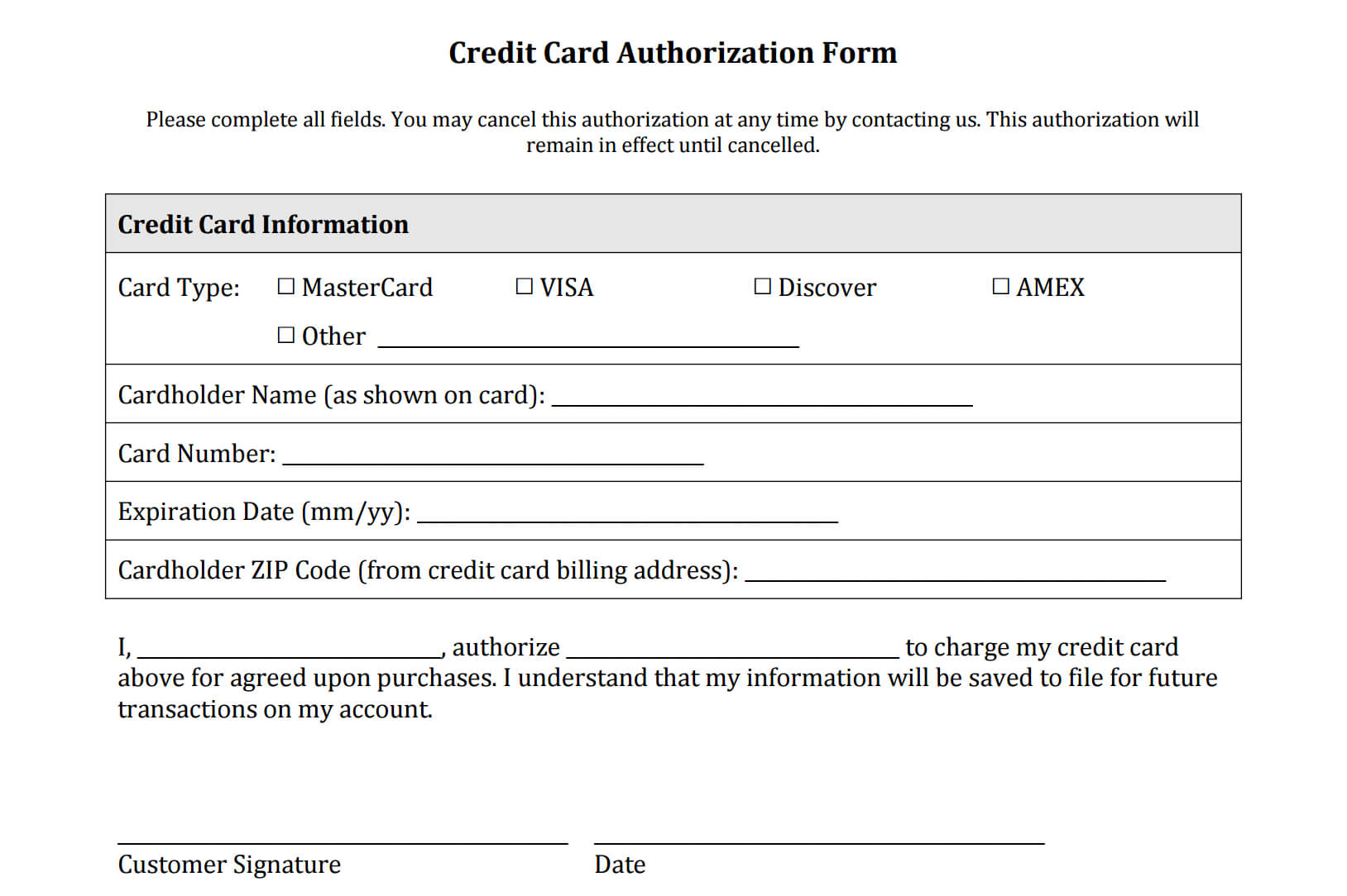 Free Printable Pdf Credit Card Authorization Form