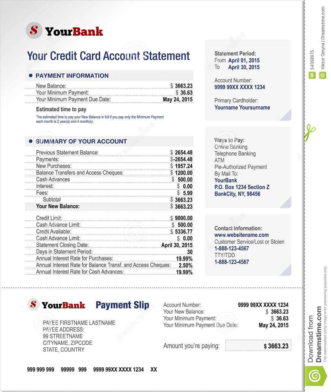 Credit Card Bank Account Statement Template Stock Vector Throughout Credit Card Bill Template