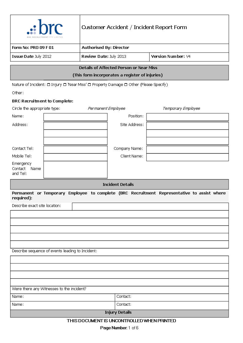 Customer Accident Incident Report | Templates At Inside Customer Contact Report Template