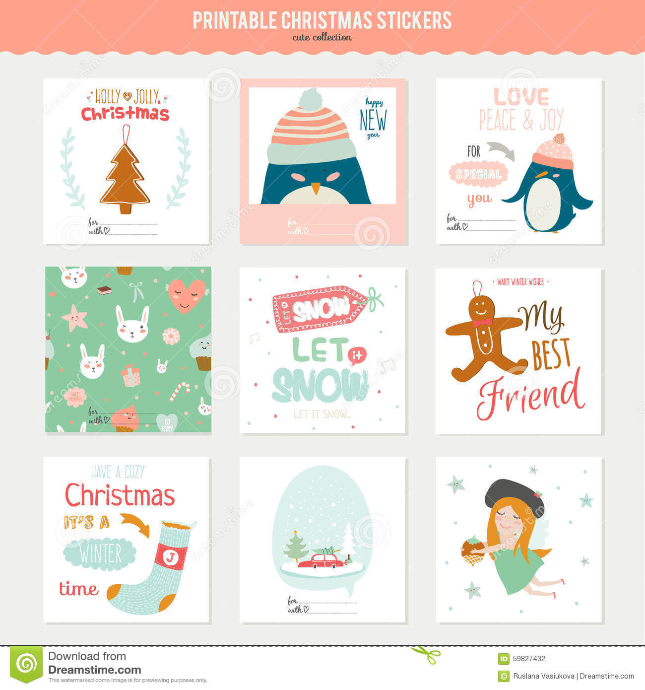 Cute Vector Christmas Cards And Stickers Stock Vector Regarding Christmas Note Card Templates