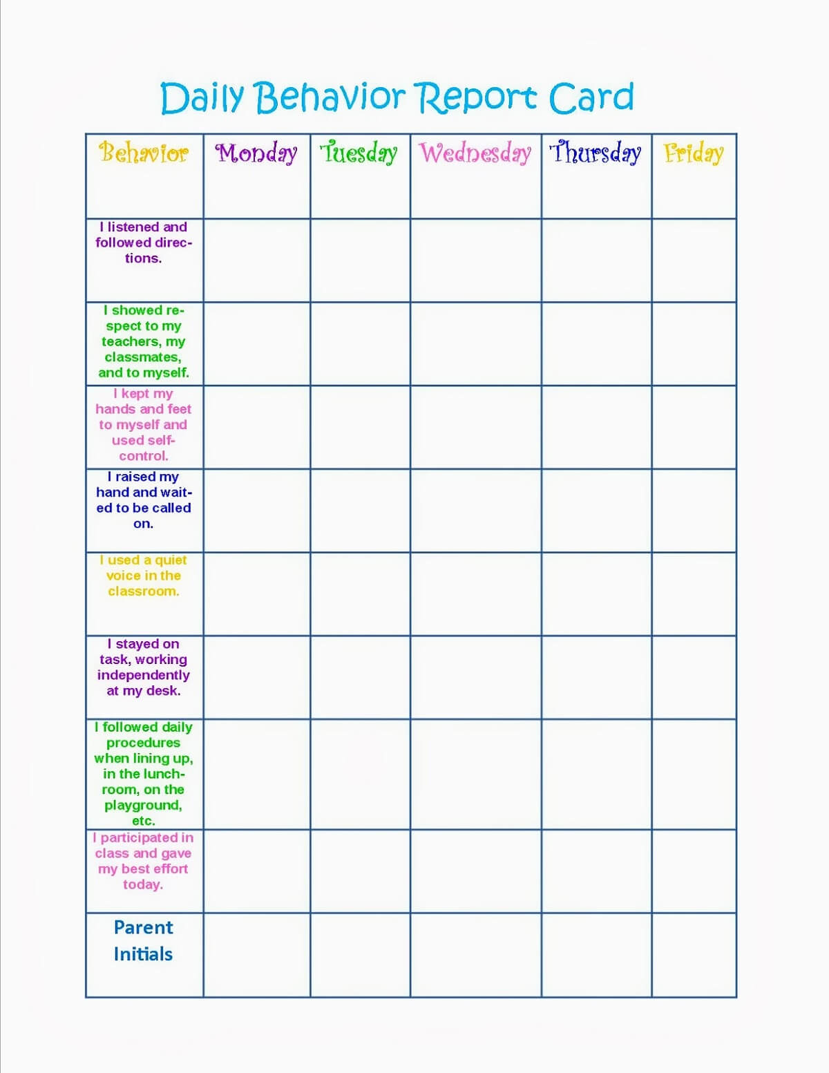 Daily Behavior Chart Printable Colorful | Loving Printable Throughout Daily Behavior Report Template